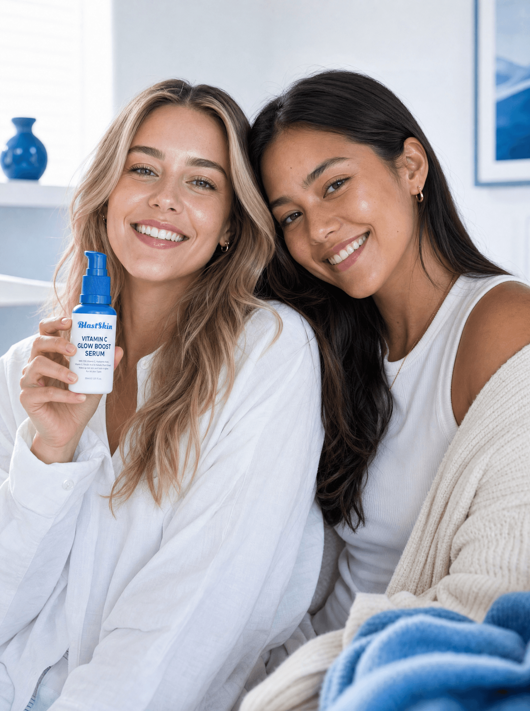 BlastSkin founders Mia and Sami with the Vitamin C Glow Boost Serum
