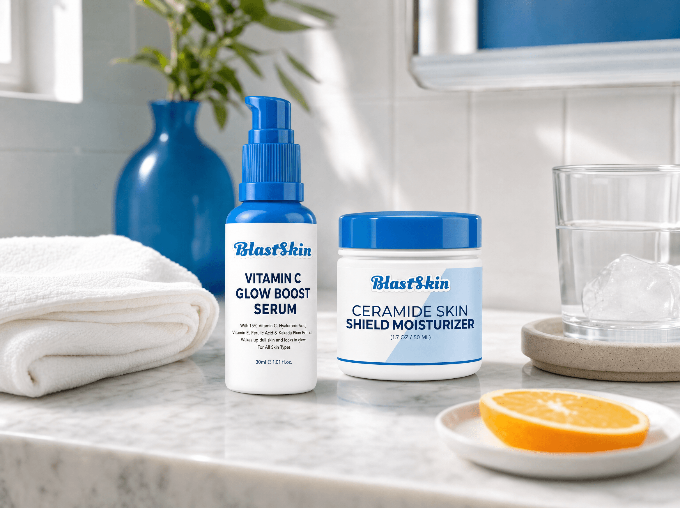 BlastSkin Vitamin C Glow Boost and Ceramide Shield on a bathroom counter