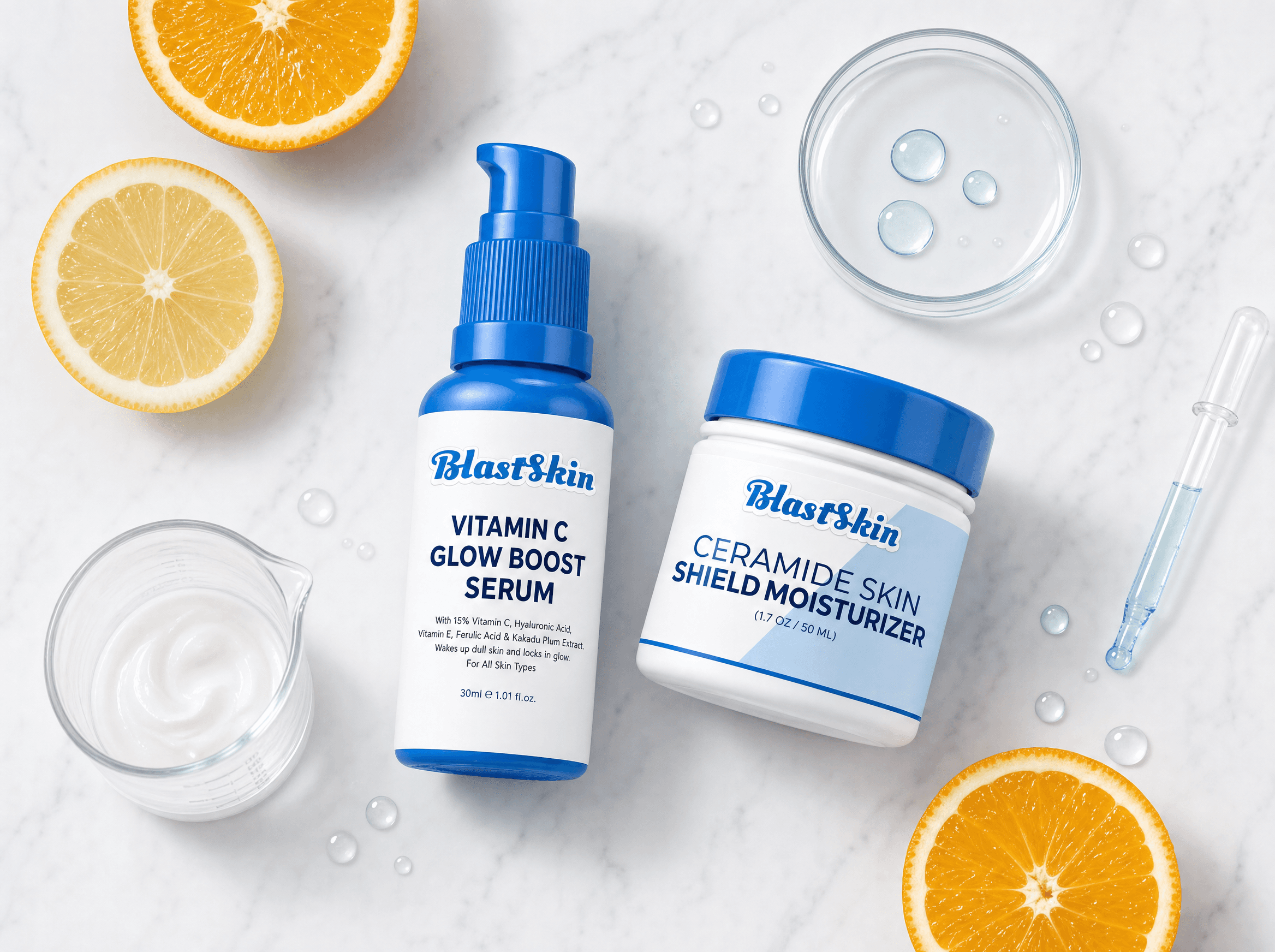 BlastSkin Vitamin C and Ceramide Shield flat lay with citrus, dropper and beaker